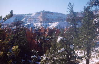 Bryce Canyon, trees, hoodoos, and snow background