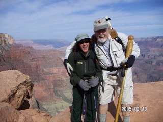 264 5dj. Grand Canyon -- Betsy and Greg and Eleanor (the eagle walking stick) -- South Kaibab