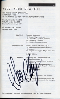 concert program program for 2007nov02 Philadelphia Orchestra, Sarah Chang - autographed