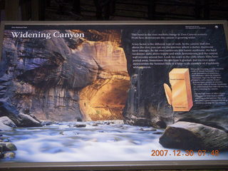 Zion National Park - low-light, pre-dawn Virgin River walk - 'Widening Canyon' sign with flash