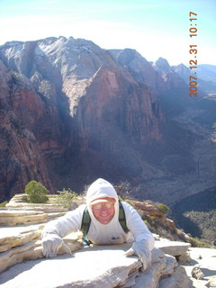 142 6cx. Zion National Park - sunrise Angels Landing hike - Adam hanging on