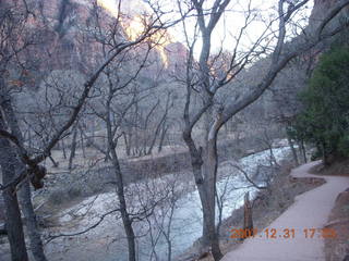 Zion National Park - low-light, pre-dawn Virgin River walk - 'Deepening Canyon' sign with flash