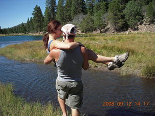 Dustin carrying Marcelle hiking at Pine Valley, Utah