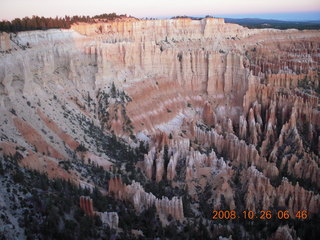 Bryce Canyon - sunset view at Bryce Point - town of Tropic in low light