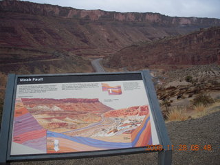 Moab Fault sign seen from road in Arches National Park