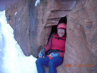 123 6ql. Zion National Park - Angels Landing hike - Adam in rock in Refrigerator Canyon