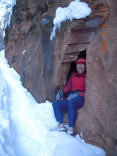 124 6ql. Zion National Park - Angels Landing hike - Adam in rock in Refrigerator Canyon