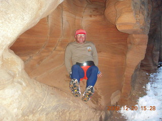Zion National Park - Angels Landing hike- Adam in rock in Refrigerator Canyon with crampon bottoms