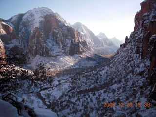 Zion National Park - Angels Landing hike- Adam in rock in Refrigerator Canyon with crampon bottoms