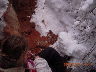 Zion National Park - Emerald Pools hike - Debbie fixing a crampon - Leatherman Supertool 2000 to the rescue