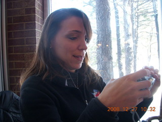 Julia and camera at Pine restaurant in Flagstaff