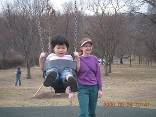 Cecelia and Betsy at the swings