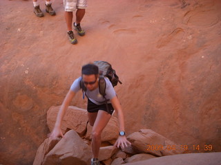 98 6uk. Arches National Park - Fiery Furnace hike - hiker crossing