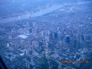 aerial - Philadelphia skyline at cloudy dawn