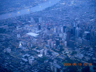 aerial - Philadelphia skyline at cloudy dawn