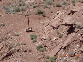 131 774. Canyonlands Lathrop Trail hike - uranium mine warning sign (?) from above