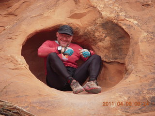 1449 7j9. Arches Devil's Garden hike - Adam in hole in rock