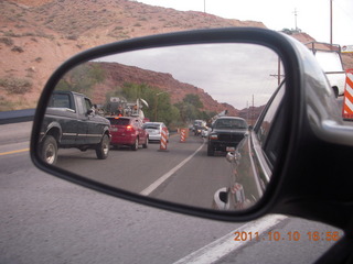 drive to Moab - road construction - traffic jam - in mirror