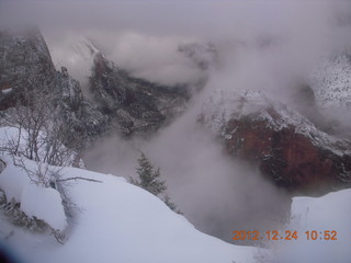 Zion National Park - cloudy, foggy Observation Point hike - view of Angels Landing