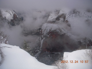 Zion National Park - cloudy, foggy Observation Point hike - view of Angels Landing from the top