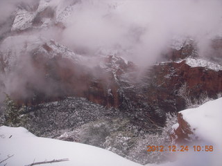 Zion National Park - cloudy, foggy Observation Point hike - view of Angels Landing from the top