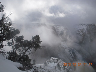 Zion National Park - cloudy, foggy Observation Point hike - another hiker at the top