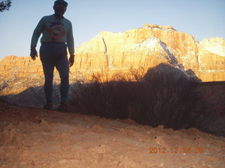 Zion National Park - cloudy, foggy Observation Point hike - Adam at the top