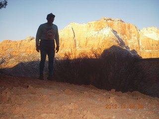 Zion National Park - cloudy, foggy Observation Point hike - Adam at the top