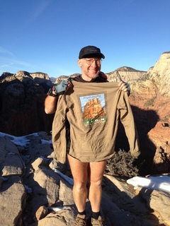 Zion National Park - Angels Landing hike - at the top - Adam and Angels Landing shirt