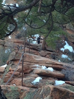 Zion National Park - Angels Landing hike - descending - Adam sitting