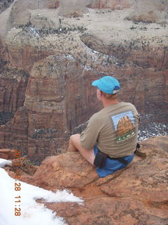 Zion National Park - Cable Mountain hike end view - Adam - Angels Landing + shirt