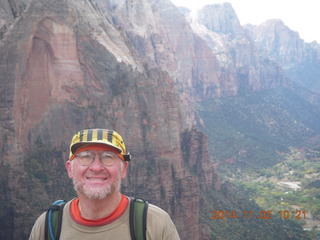 Zion National Park - Cable Mountain hike end view - Adam - Angels Landing + shirt