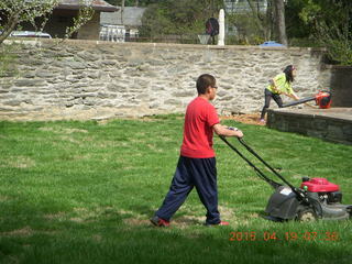 Gaby mowing the lawn