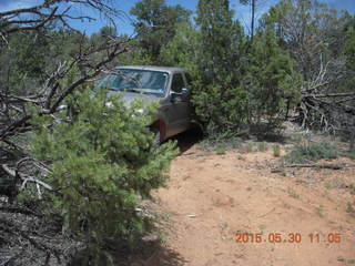 drive to Calamity Mine - very tough side road - truck driving a tight curve