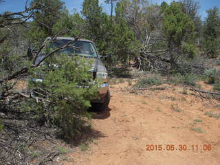 drive to Calamity Mine - very tough side road - truck driving a tight curve