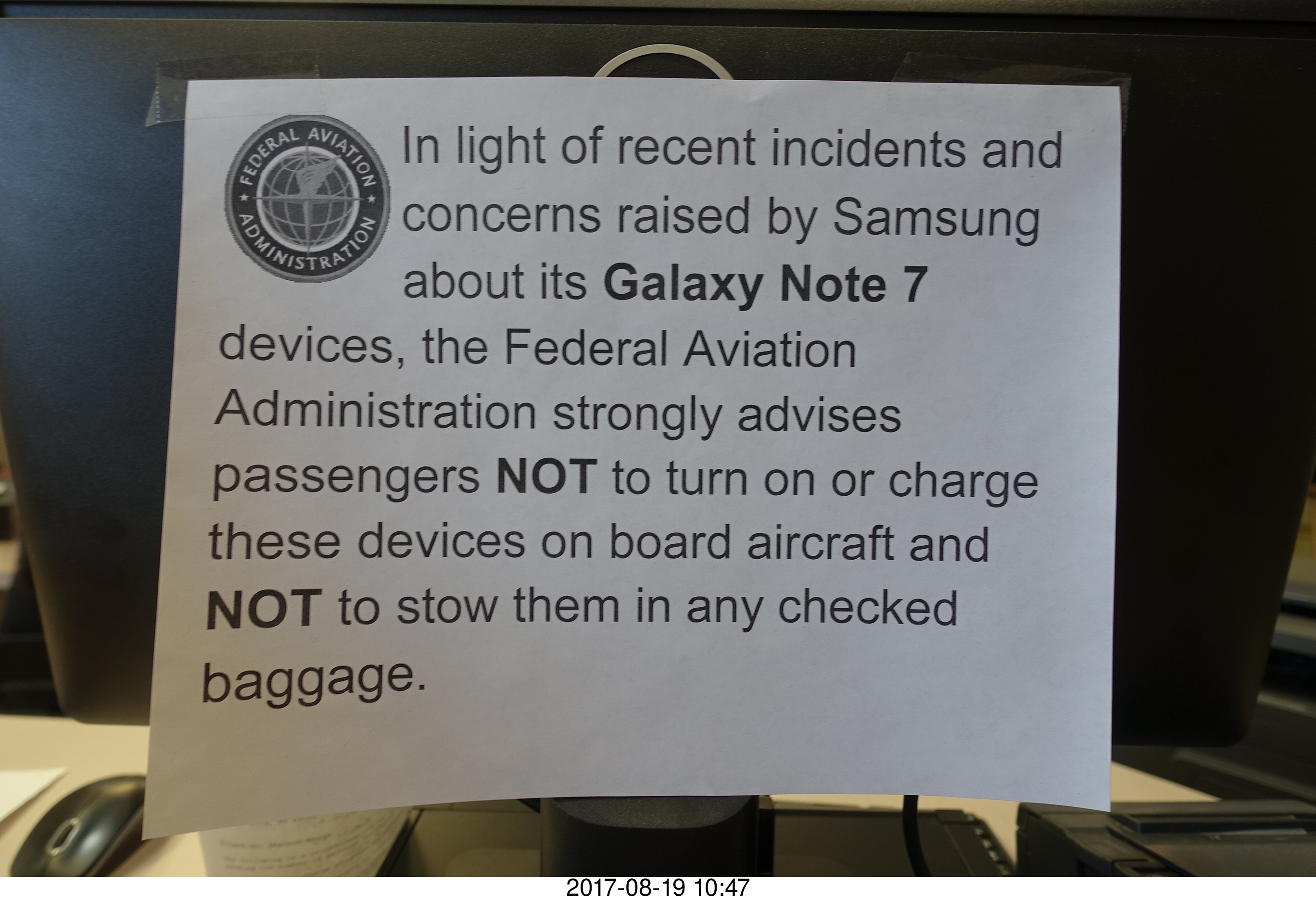 Page Airport - Galaxy Note 7 prohibition