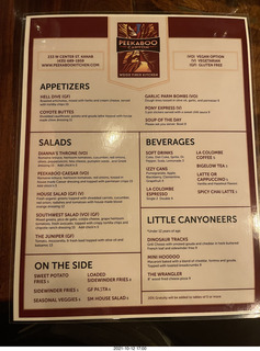 306 a18. Peekaboo Canyon Wood Fired Kitchen restaurant (vegetarian without warning) menu back