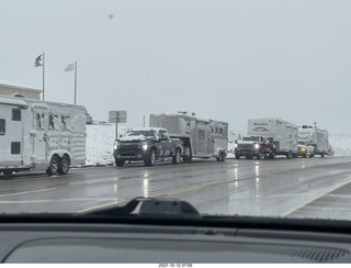 122 a18. Page in the snow - Route 89 - convoy of horse trailers