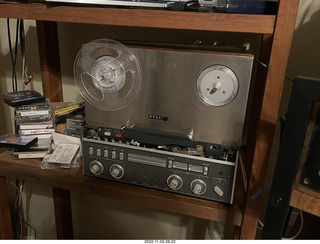 my cat Miss Pris atop my reel tapes