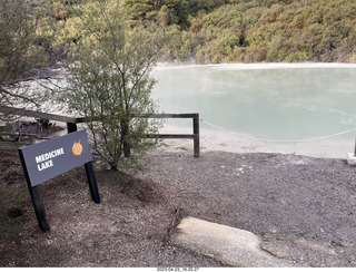 268 a1s. New Zealand - Hell's Gate - mud and thermal walk - sign MEDICINE LAKE