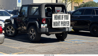 sign on jeep - honk if you want prayer